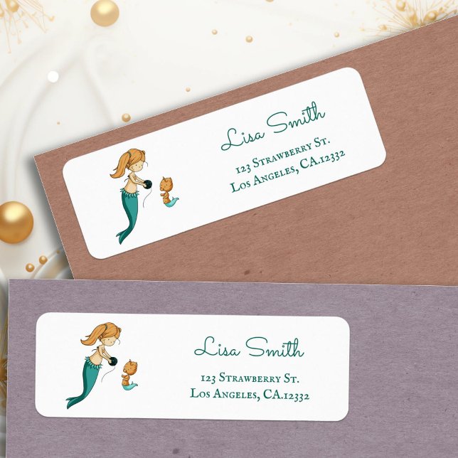 Étiquette Adresse de retour de chat de sirène tricoteuse mig (Cute Knitter Mermaid Cat Return Address Label by Kinda Cute by Patricia Alvarez)