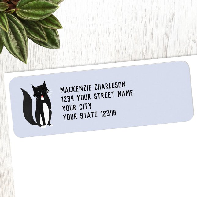 Étiquette Adresse de retour de chat noir et blanc (Black and white tuxedo bicolor cat return address label)
