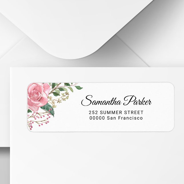 Étiquette Adresse de retour de fleur d'aquarelle rose élégan (Créateur téléchargé)