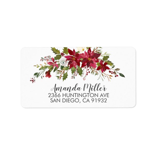 Étiquette Adresse de retour de houx poinsettia rouge (Devant)