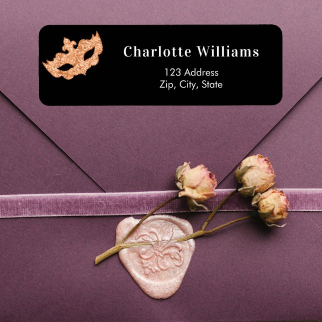 Étiquette Adresse de retour de la fête masquade en or noir (Créateur téléchargé)