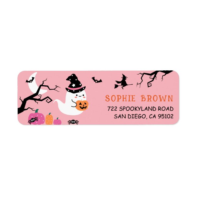 Étiquette Adresse de retour de l'Halloween rose Fantôme mign (Devant)