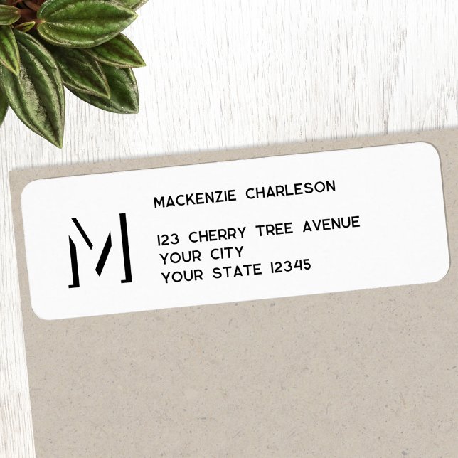 Étiquette Adresse de retour de l'ombre initiale simple Monog (Monogram initial drop shadow personalized black and white return address label)