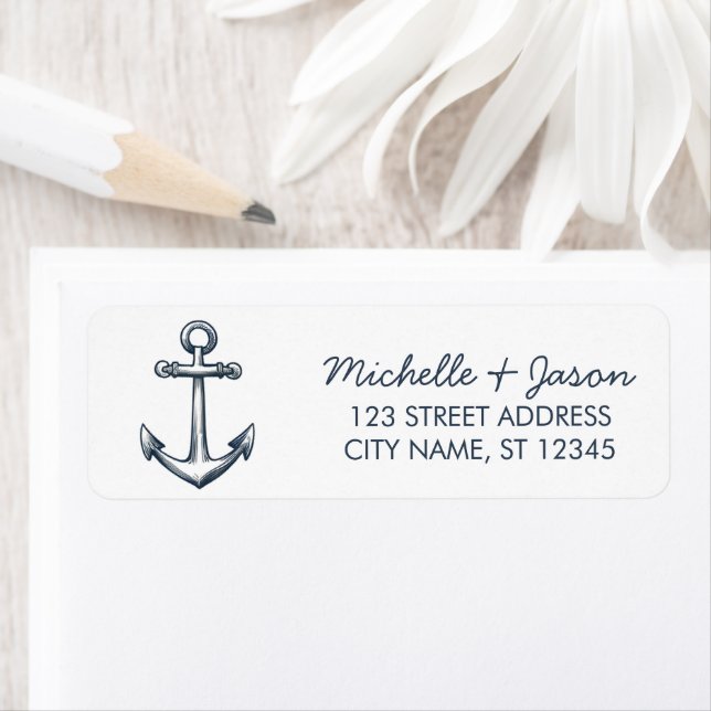 Étiquette Adresse de retour de mariage à l'ancre nautique bl (En situation)