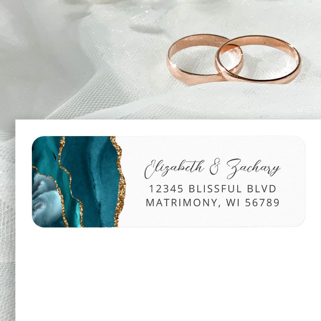 Étiquette Adresse de Retour de Mariage Agate Bleu Sarcelle O (Créateur téléchargé)