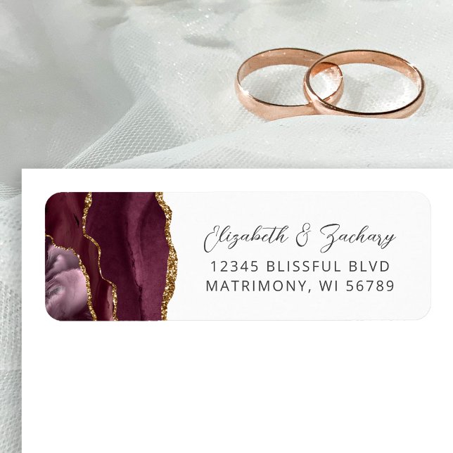 Étiquette Adresse de retour de mariage Agate Bourgogne Or (Créateur téléchargé)
