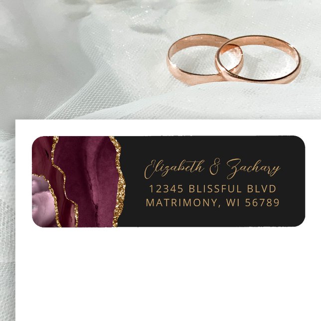 Étiquette Adresse de retour de mariage Agate Bourgogne Or Fo (Créateur téléchargé)