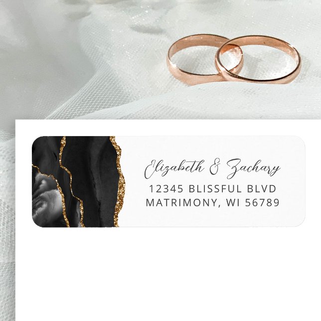 Étiquette Adresse de retour de mariage Agate Noir Or (Créateur téléchargé)