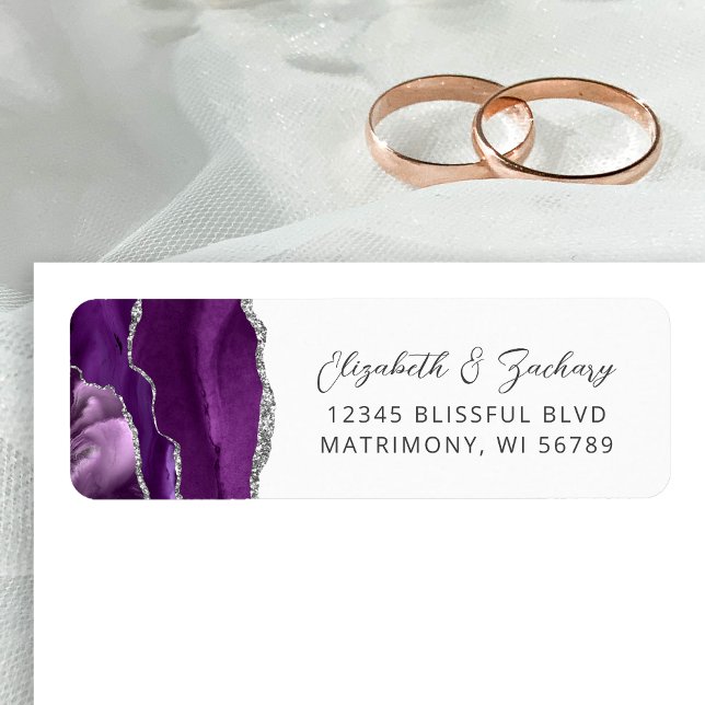 Étiquette Adresse de retour de mariage Agate Violet Argent (Créateur téléchargé)
