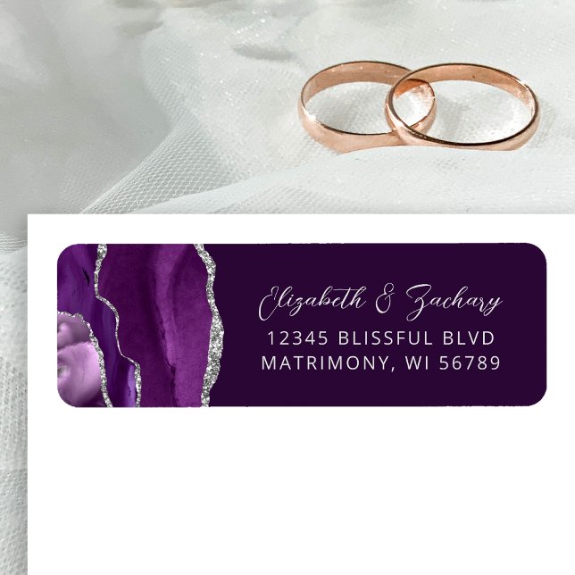 Étiquette Adresse de retour de mariage Agate Violet Argent P (Créateur téléchargé)
