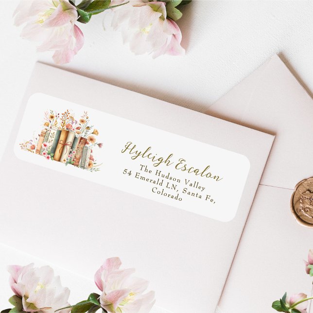 Étiquette Adresse de retour de mariage avec un livre floral  (Créateur téléchargé)