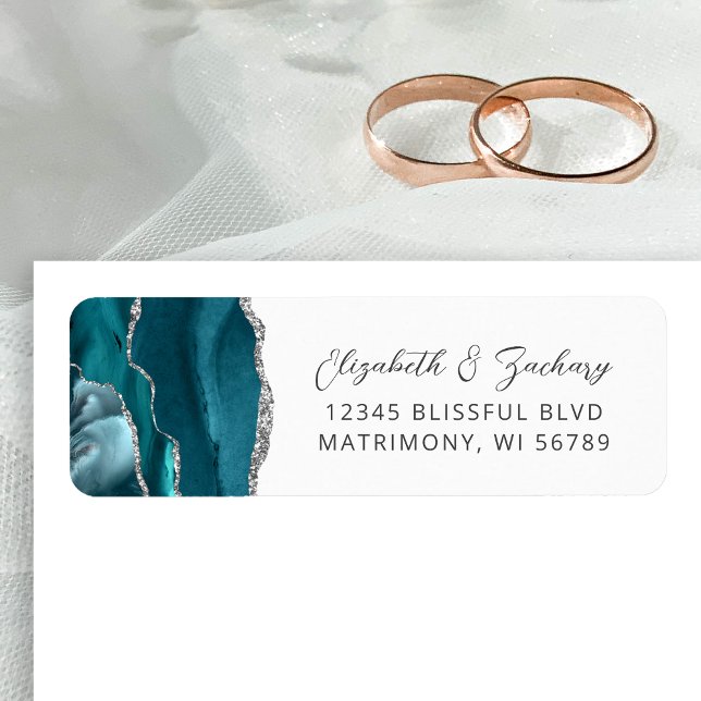 Étiquette Adresse de retour de mariage bleu sarcelle argent  (Créateur téléchargé)
