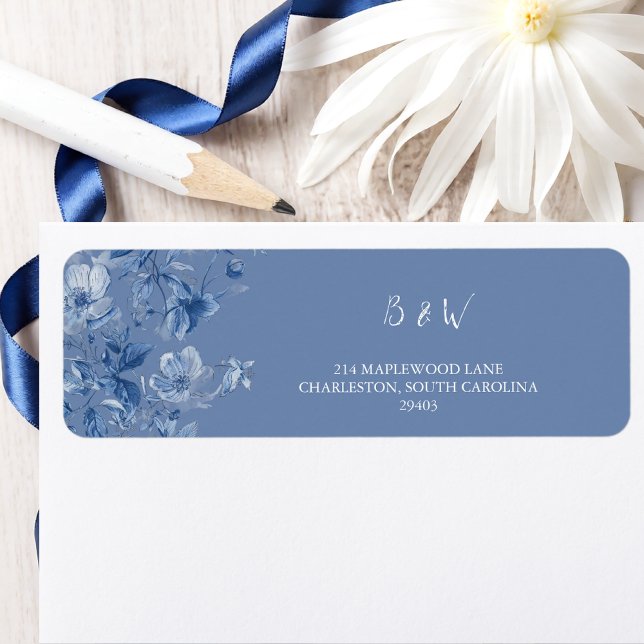 Étiquette Adresse de Retour de Mariage Botanique Bleu Élégan (Elegant Blue Botanical Wedding Return Address Label)