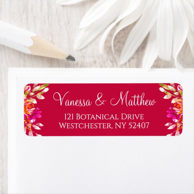 Étiquette Adresse de retour de mariage botanique rose et ora (En situation)