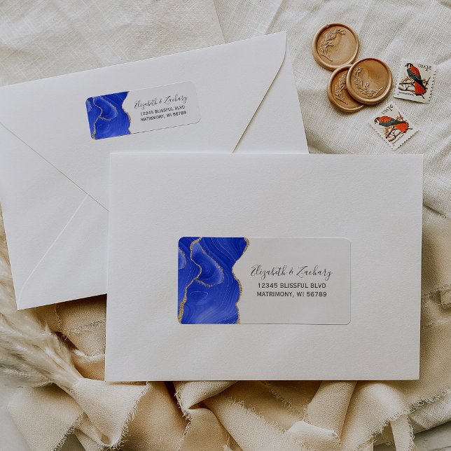 Étiquette Adresse de Retour de Mariage Chic Bleu Royal Or (Créateur téléchargé)
