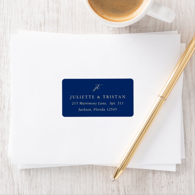 Étiquette Adresse de retour de mariage classique navy et crè (En situation)