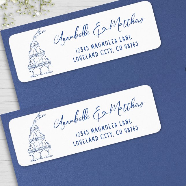 Étiquette Adresse de Retour de Mariage Dessinée à la Main en (Hand Drawn Blue Wedding Return Address label )