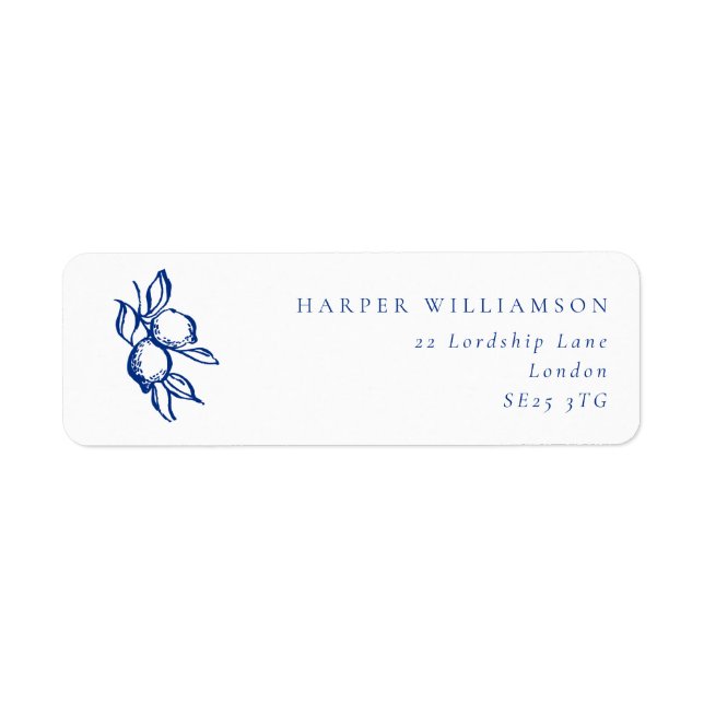 Étiquette Adresse de retour de mariage Doodle Blue Lemons (Devant)
