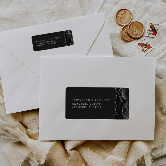 Étiquette Adresse de retour de mariage en agate argent noir (Créateur téléchargé)