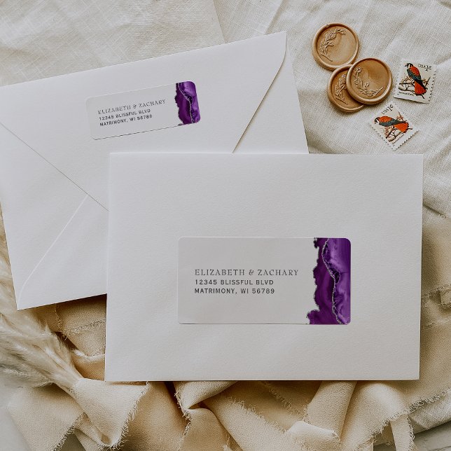 Étiquette Adresse de retour de mariage en Agate Argent Viole (Créateur téléchargé)
