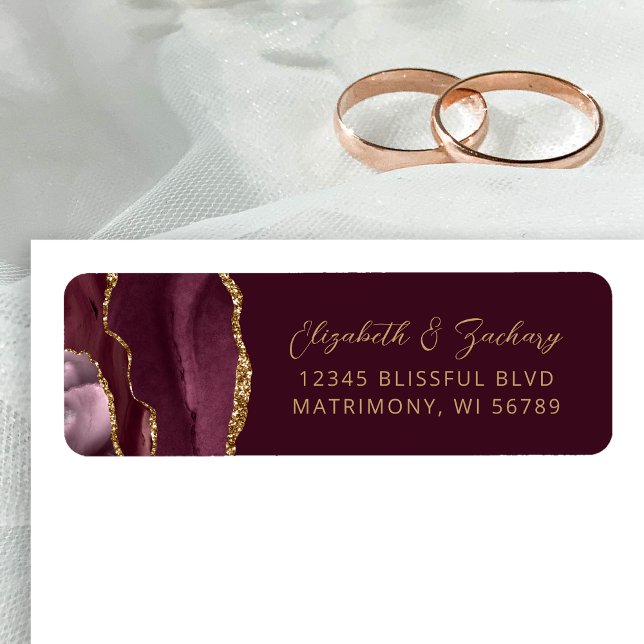 Étiquette Adresse de retour de mariage en agate Bourgogne or (Créateur téléchargé)