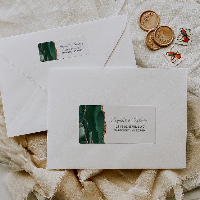 Étiquette Adresse de Retour de Mariage en Agate d'Or Vert Em (Créateur téléchargé)
