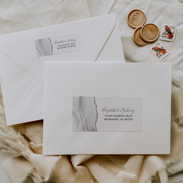 Étiquette Adresse de retour de mariage en Agate Grise Argent (Créateur téléchargé)