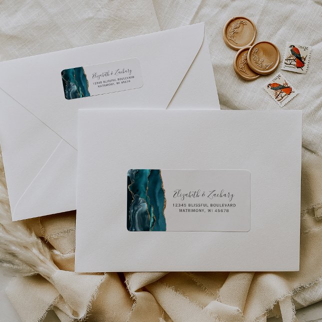 Étiquette Adresse de retour de mariage en agate sarcelle or  (Créateur téléchargé)