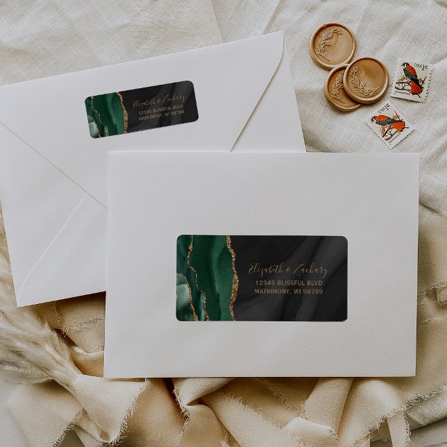 Étiquette Adresse de Retour de Mariage en Agate Verte Noire (Créateur téléchargé)