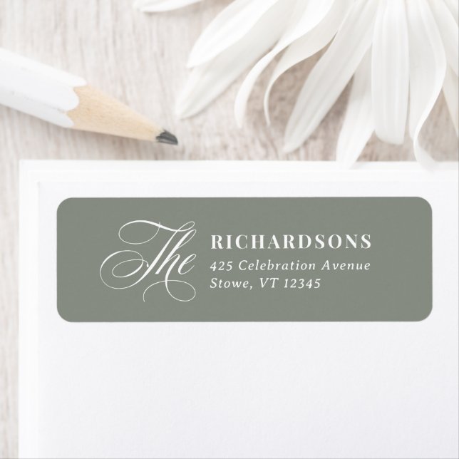 Étiquette Adresse de retour de mariage en calligraphie verte (En situation)