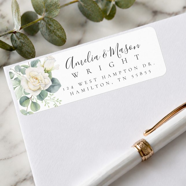 Étiquette Adresse de Retour de Mariage Eucalyptus Rose Blanc (White Rose Eucalyptus Wedding Return Address Label)