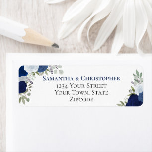 Étiquette Adresse de Retour de Mariage Fleurie Bleue Élégant