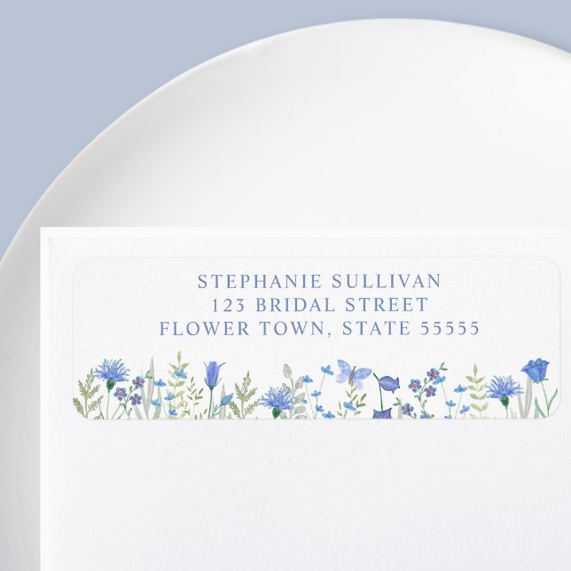 Étiquette Adresse de retour de mariage floral bleu (Créateur téléchargé)