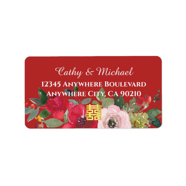 Étiquette Adresse de retour de mariage floral rose rouge chi (Devant)