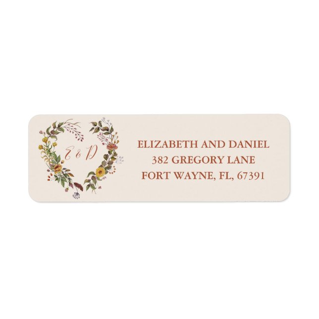 Étiquette Adresse de retour de mariage floral rustique d'aut (Devant)