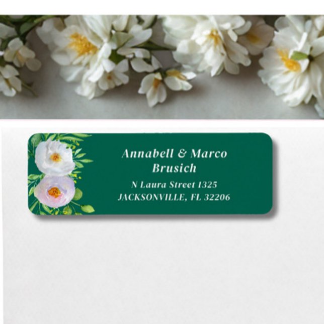 Étiquette Adresse de Retour de Mariage Florale Blanche Verte (Créateur téléchargé)