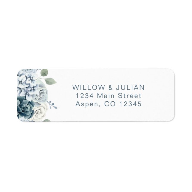 Étiquette Adresse de retour de mariage florale bleu poussiér (Devant)