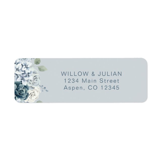 Étiquette Adresse de retour de mariage florale bleu poussiér (Devant)