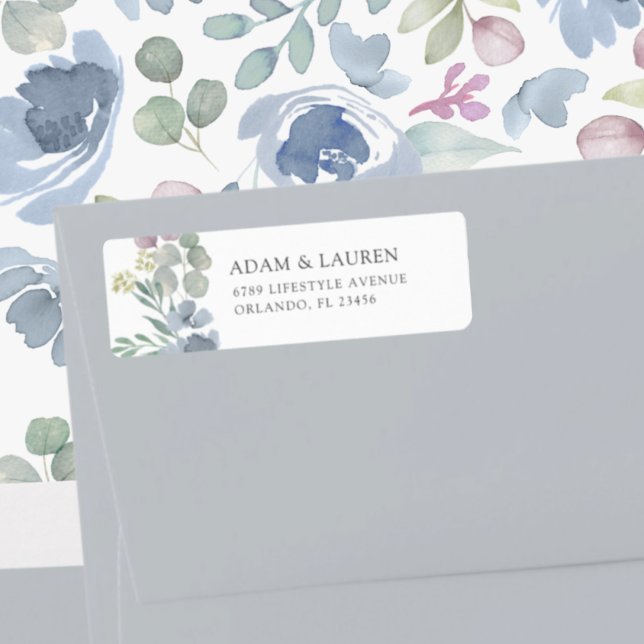 Étiquette Adresse de retour de mariage florale bleue boho (Créateur téléchargé)
