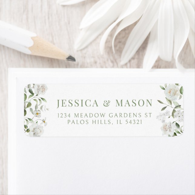 Étiquette Adresse de Retour de Mariage Florale Verte Blanche (En situation)