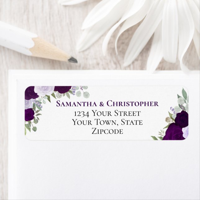 Étiquette Adresse de Retour de Mariage Florale Violette Élég (En situation)