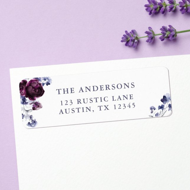 Étiquette Adresse de retour de mariage florale violette et i (Créateur téléchargé)