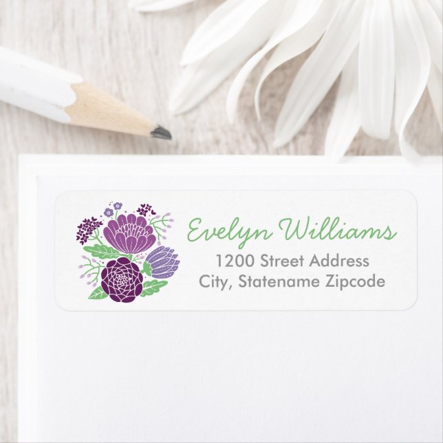 Étiquette Adresse de Retour de Mariage Florale Violette Fant (En situation)