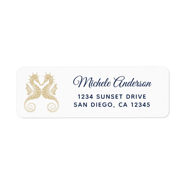 Étiquette Adresse de retour de mariage Hippocampes Or Bleu M (Devant)