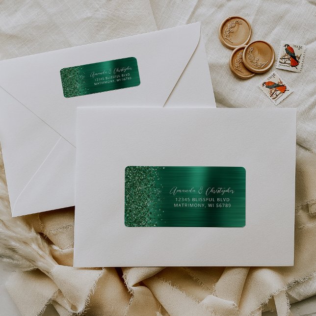Étiquette Adresse de Retour de Mariage Métalisé Vert Emeraud (Créateur téléchargé)