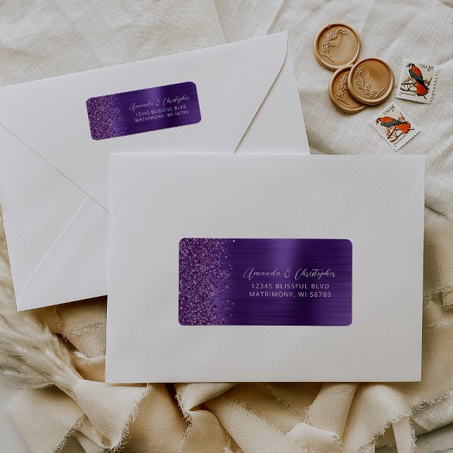 Étiquette Adresse de retour de mariage métallisée violet gla (Créateur téléchargé)