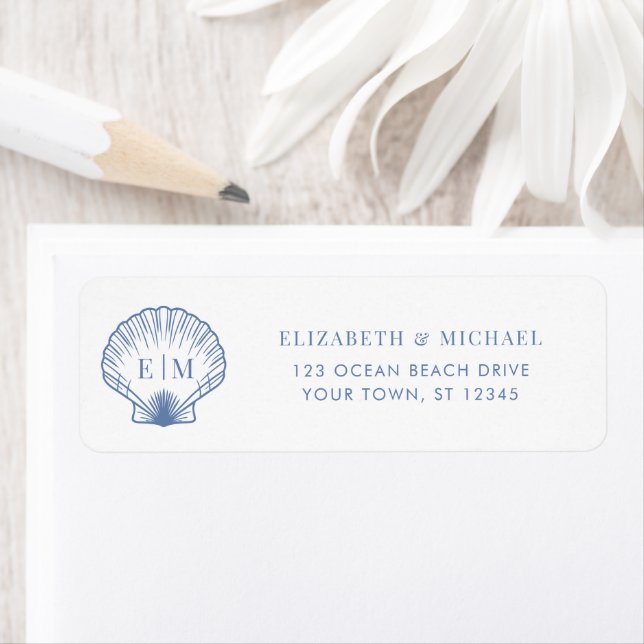 Étiquette Adresse de Retour de Mariage Monogramme Bleu Côtie (En situation)