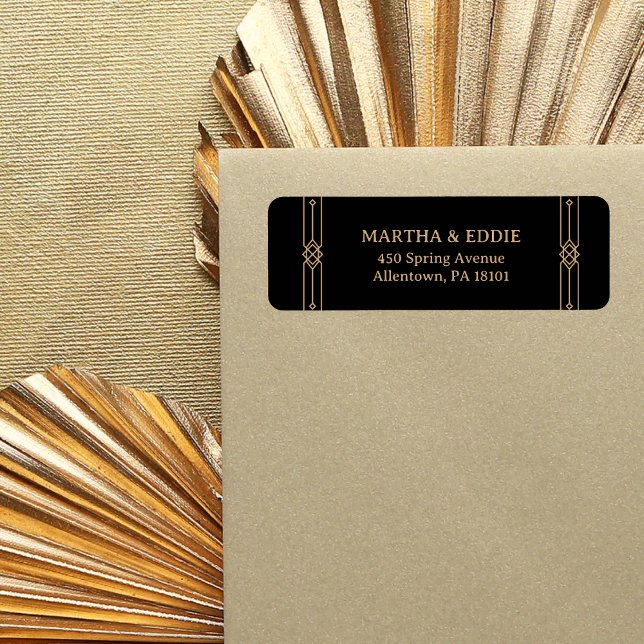 Étiquette Adresse de Retour de Mariage Noir Moderne et Or Fa (Modern black and faux gold return address label adds elegant style to your wedding mailings)
