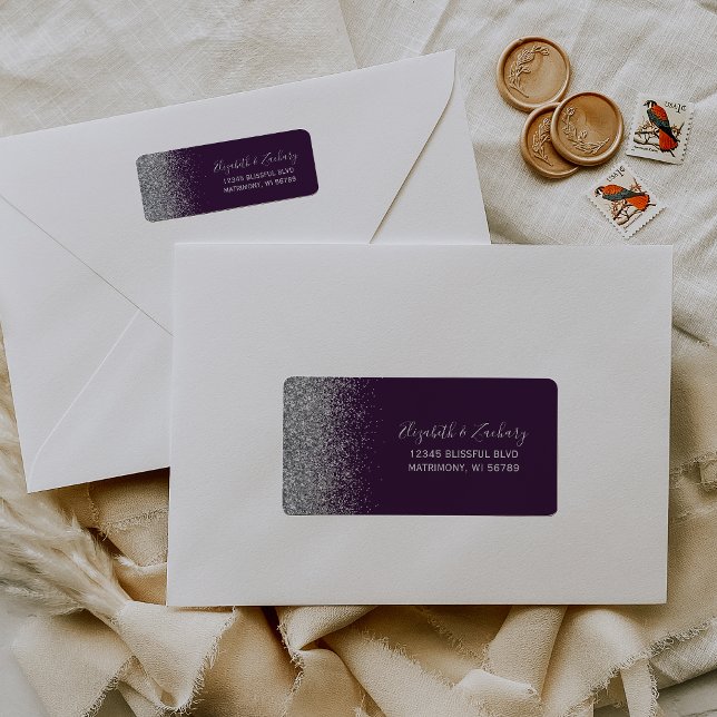 Étiquette Adresse de Retour de Mariage Pailletée Violet Fonc (Créateur téléchargé)