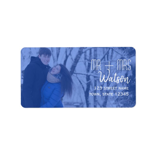 Étiquette Adresse de Retour de Mariage Photo Bleue (Devant)